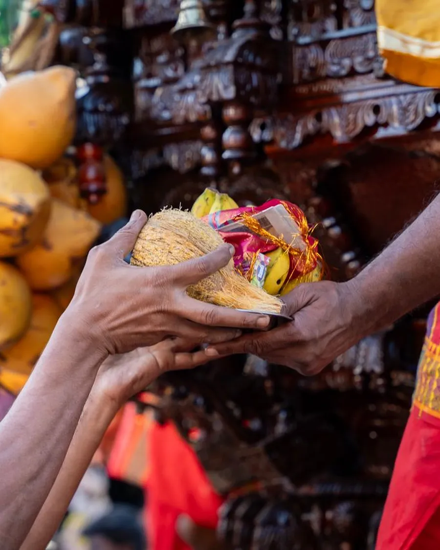 Hands offering a coconut and prasad at a temple